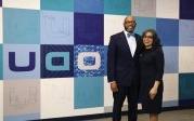 President Brian O. Hemphill, Ph值.D. and First Lady Marisela Rosas Hemphill, Ph值.D. in front of ODU wall.