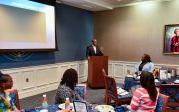 President Brian O. Hemphill, Ph值.D., speaks to the Black 校友 Council members Sunday morning at the group’s breakfast. Photo Chuck Thomas/ODU